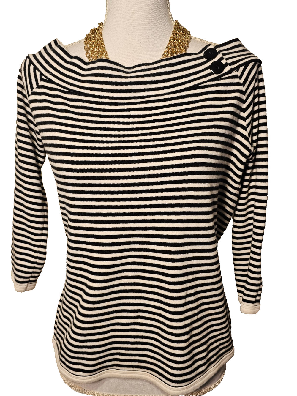 Camaieu Womens Off Shoulder Black And White Striped Long Sleeve Top L/XL